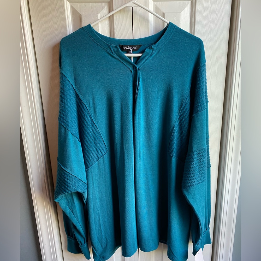Davi & Dani Womens Long Sleeve Teal Henley Sweater Top Size 2XL NWT